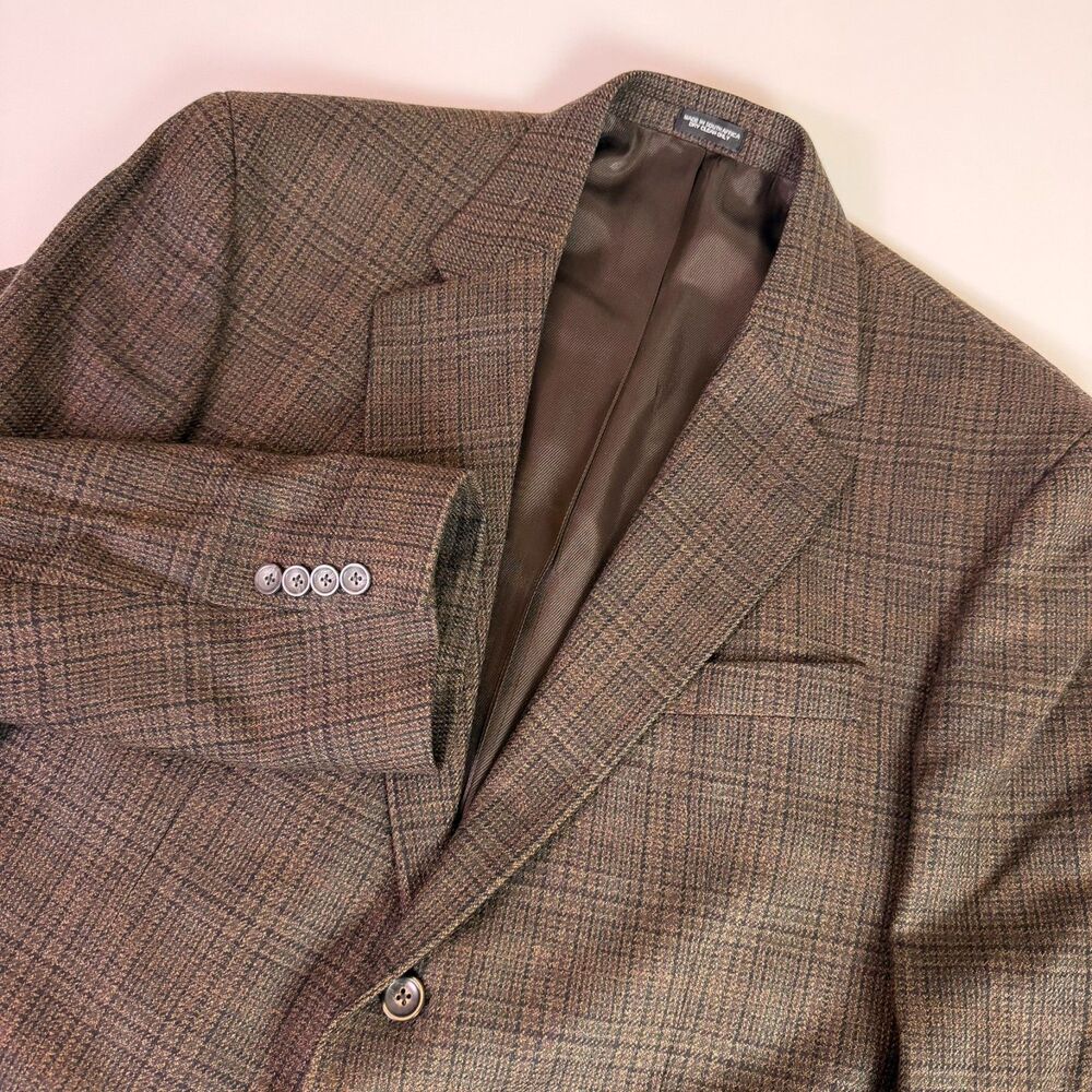 Oscar De La Renta Blazer Mens 44R Brown Glen Plaid Lambswool Cashmere Sport Coat